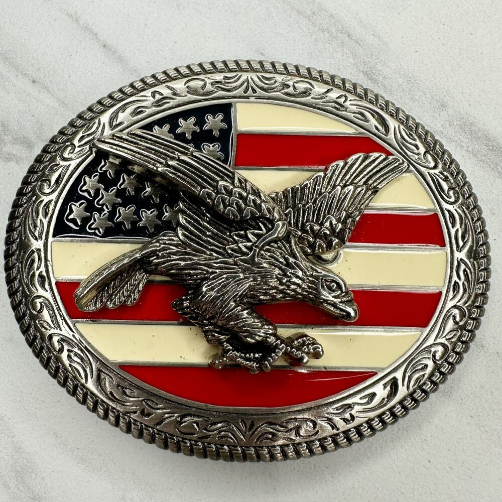 American Flag Eagle Belt Buckle Silver Tone Western ✨